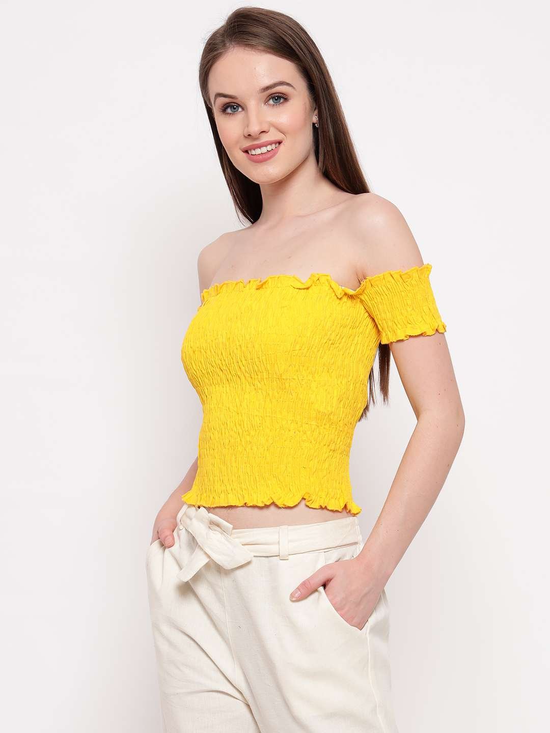 Women's Rayon Solid Off-Shoulder Smocked Crop Top Short Sleeve Casual Styles Tank Top (FREE SIZE) Multi31