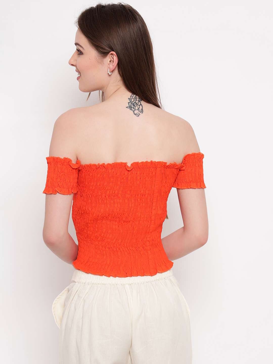Women's Rayon Solid Off-Shoulder Smocked Crop Top Short Sleeve Casual Styles Tank Top (FREE SIZE) Multi25 - Image 3